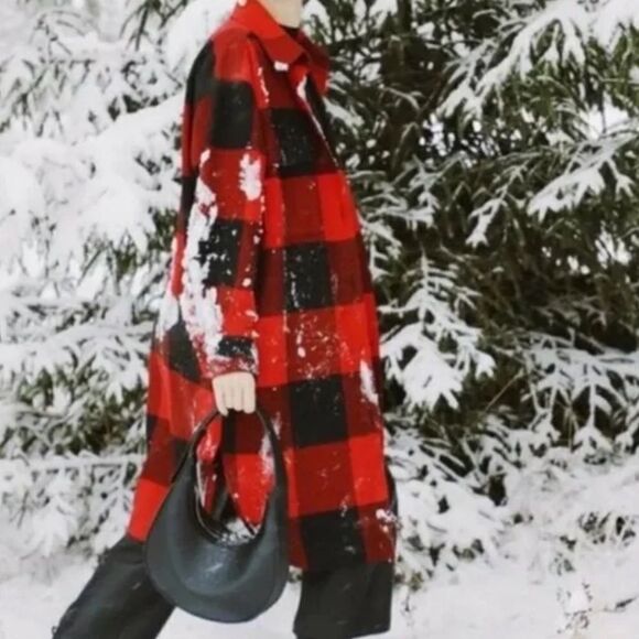 H&M Plaid Oversized Shirt Jacket Shacket Red Black Small Blogger Favorite - Picture 4 of 15